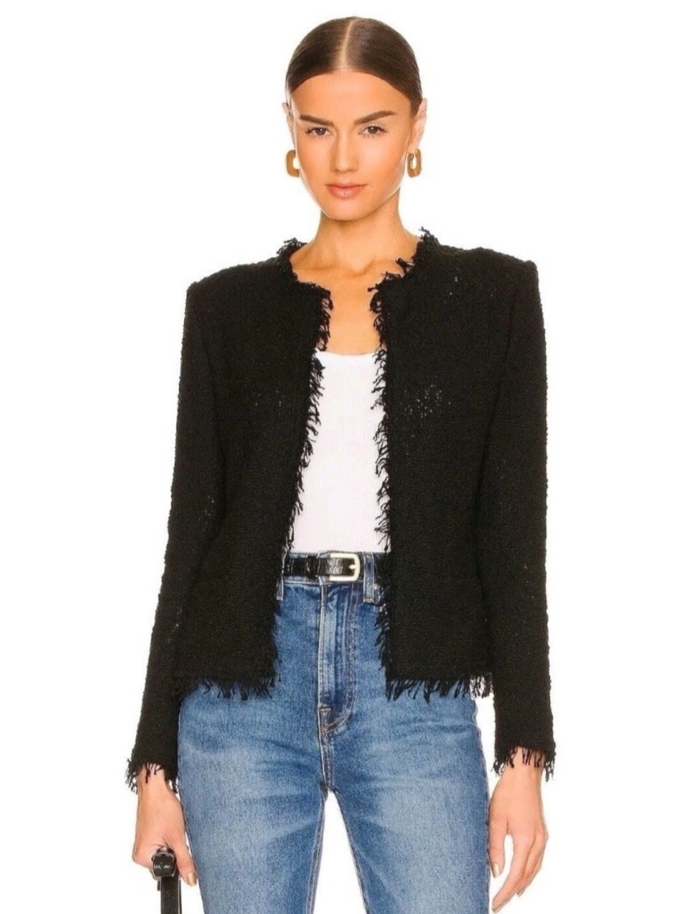 IRO Paris Black Shavani Classic Fringe Tweed Open Jacket Women’s Size 34 (US 2)